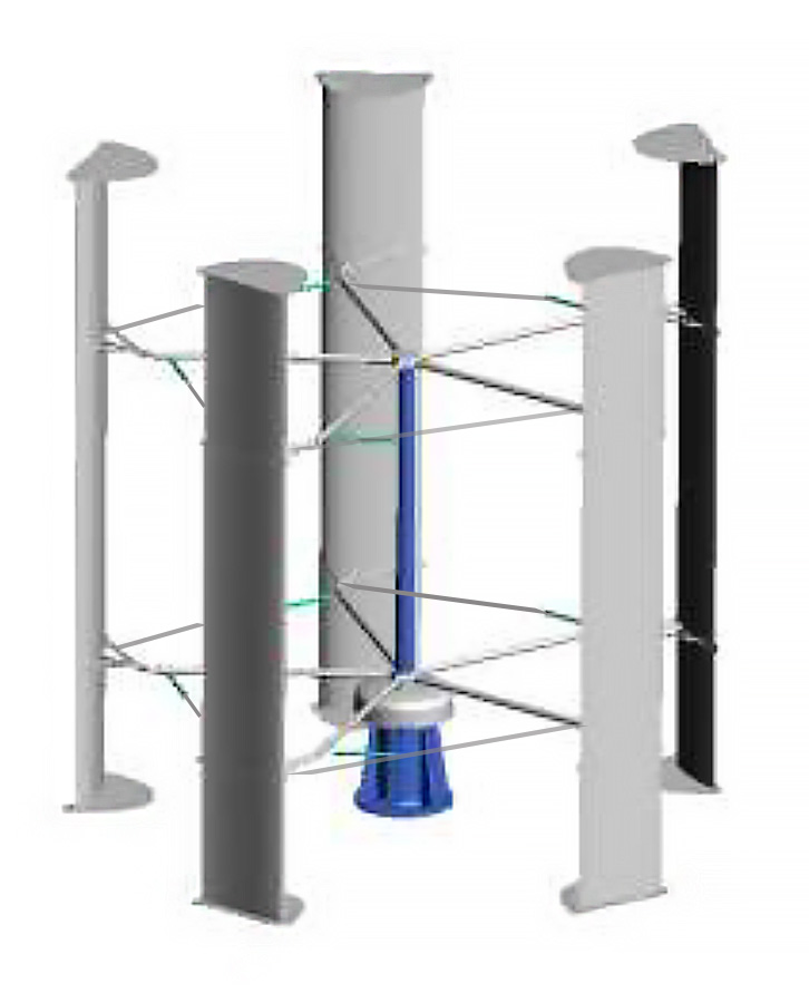 3D diagram of H-shape, 5-blade Vertical Axis Wind Turbine (VAWT) with Variable Pitch Adjustment.