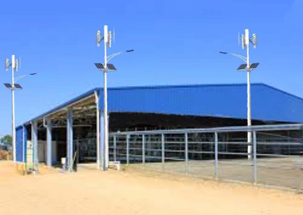 Small hybrid VAWT lighting towers supported by solar are ideal to illuminate farm and industrial facilities.