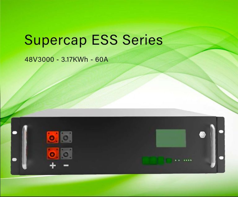 Supercapacitor storage solution with high power/energy density, eco-friendly graphene cells, rapid charge/discharge, low maintenance, safe and scalable design.
