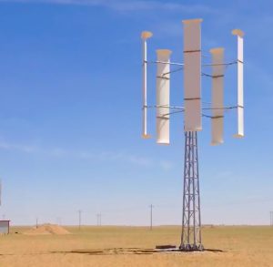 Vertical Axis Wind Turbine (VAWT) constructed in the Mongolian Desert to test resilience to extreme weather conditions.